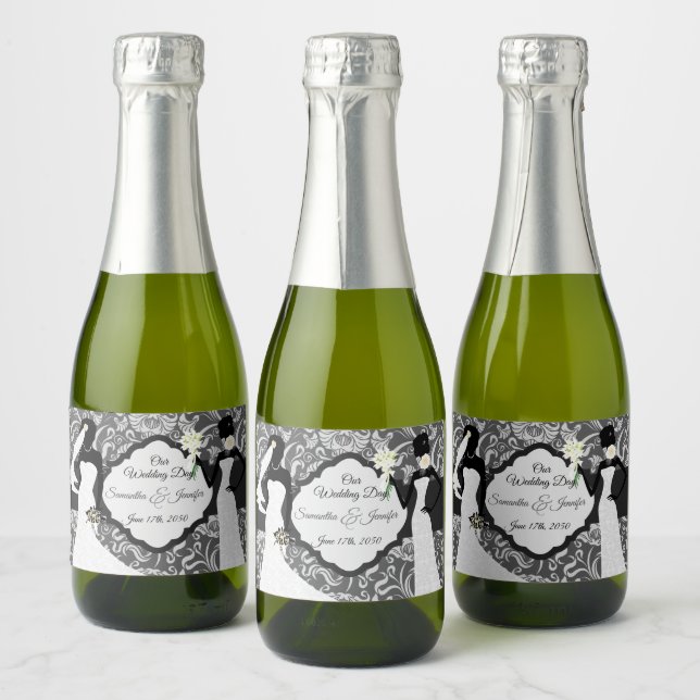 Two Black Brides Our Wedding Day Botanical Damask Sparkling Wine Label (Bottles)
