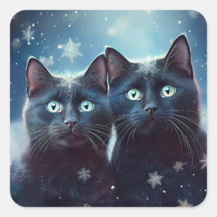 Two Black Cats Getting Snowed On Square Sticker