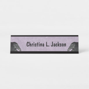 Two Black Crow Heads on Mix of Purple and White Desk Name Plate
