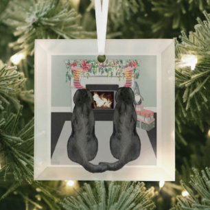 Two Black Labrador Dogs Christmas Fireplace Scene Glass Tree Decoration