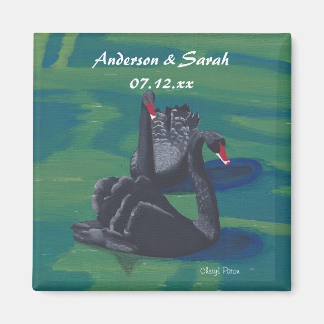 Two Black Swans Swimming Personalised Date Magnets (Front)