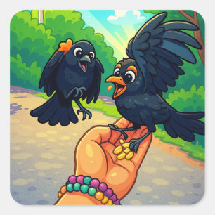 Two blackbirds feeding from hand cartoon square sticker