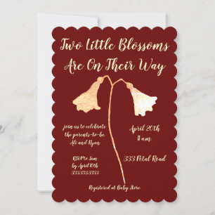 Two Blossoms Red Gold Flower Twins Baby Shower Invitation
