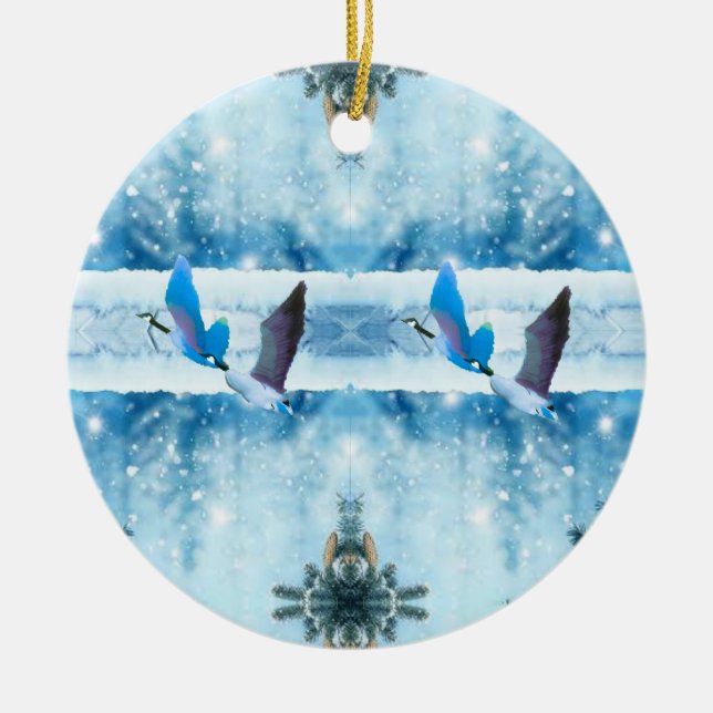 Two Blue Christmas Geese Ceramic Tree Decoration (Front)