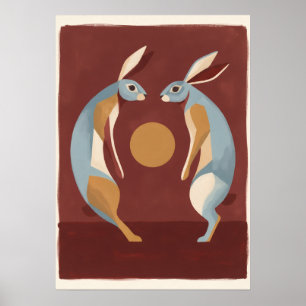 Two Blue Hares Golden Moon Modern Folk Art Poster