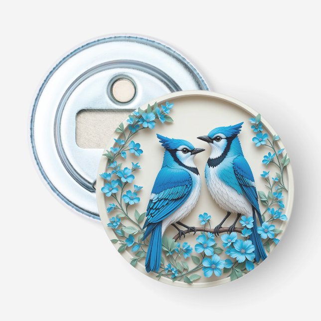 Two Blue Jays Resting on a Branch Bottle Opener (Front)