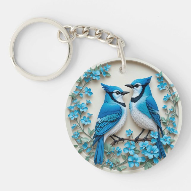Two Blue Jays Resting on a Branch Key Ring (Front)