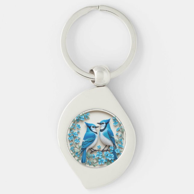 Two Blue Jays Resting on a Branch Key Ring (Front)