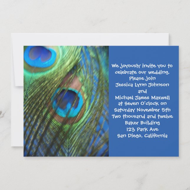 Two Blue Peacock Feathers Wedding Invitation (Front)