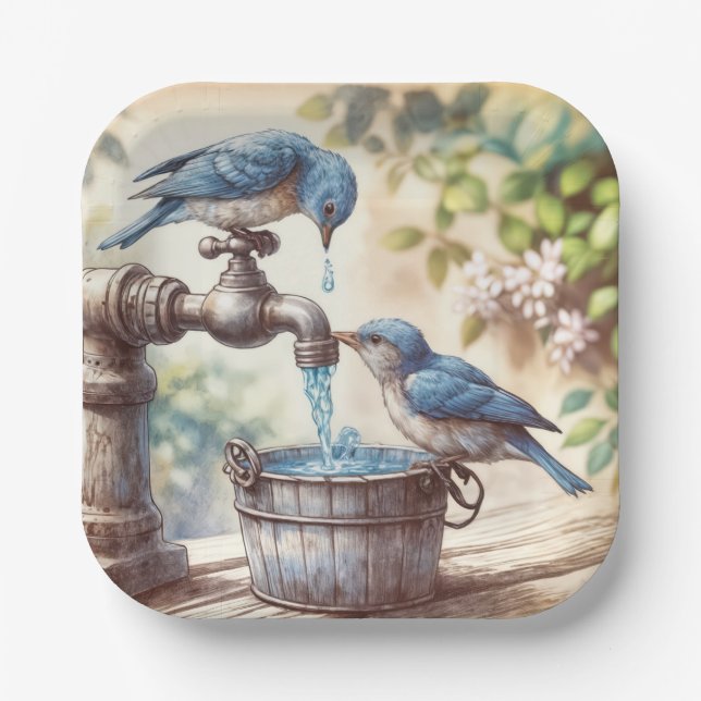 Two Bluebirds On a Retro Faucet Paper Plate (Front)