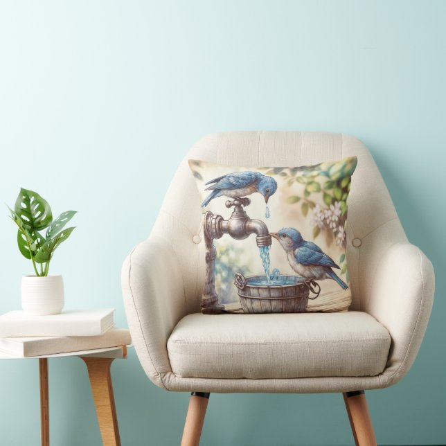 Two Bluebirds With a Retro Water Faucet Cushion (Chair)