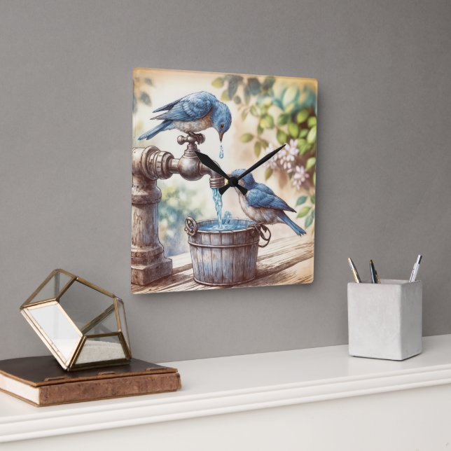 Two Bluebirds With Faucet and Old Bucket Square Wall Clock (Office)