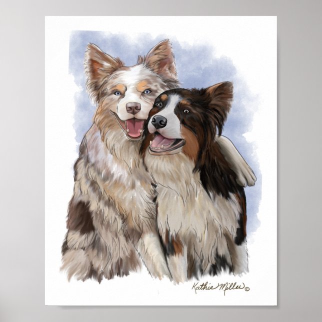 Two Border Collie Buddies cartoon Poster (Front)