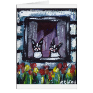 two bostons in window