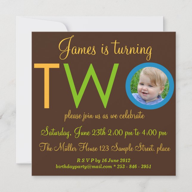 "TWO" Boy Second Birthday Party Photo Invitations (Front)
