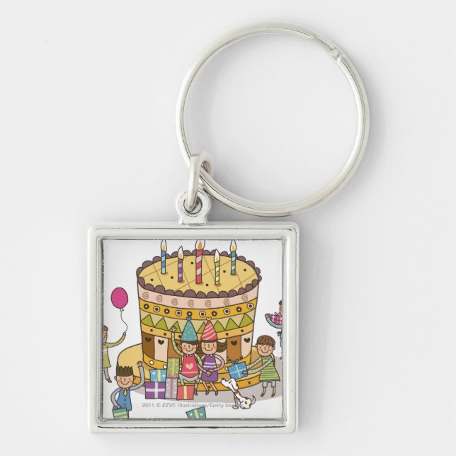 Two boys and three girls in a birthday party key ring (Front)
