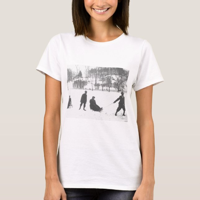 Two Boys Pulling Two Girls on Sleds T-Shirt (Front)