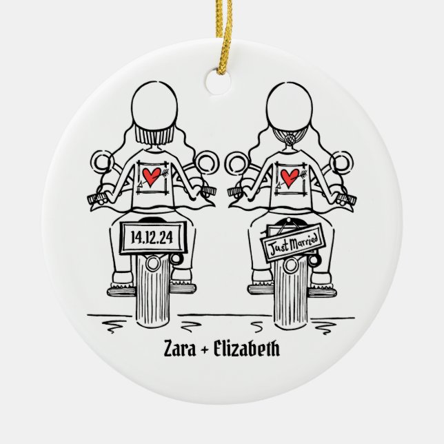 Two Brides Biker Motorcycle Wedding Ceramic Tree Decoration (Front)