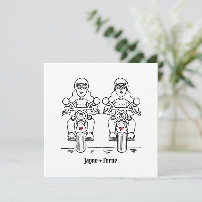 Two Brides Biker Motorcycle Wedding Evening Invitation (Standing Front)