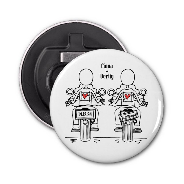 Two Brides Biker Motorcycle Wedding Favor Bottle Opener (Front)