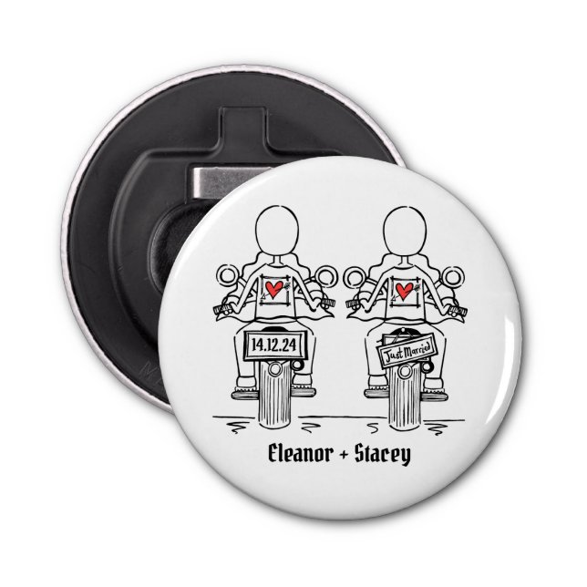 Two Brides Biker Motorcycle Wedding Favor Bottle Opener (Front)