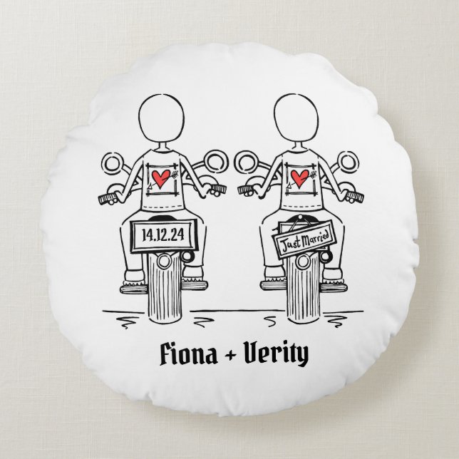 Two Brides Biker Motorcycle Wedding Round Cushion (Front)