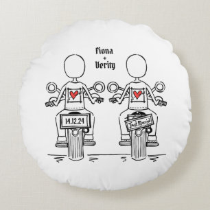 Two Brides Biker Motorcycle Wedding Round Cushion