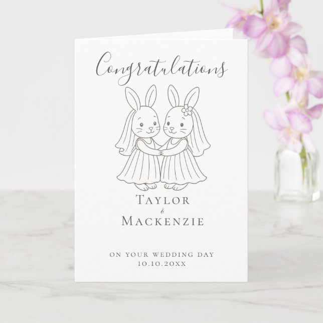Two Brides Bunny Rabbits Congratulations Wedding Card (Orchid)
