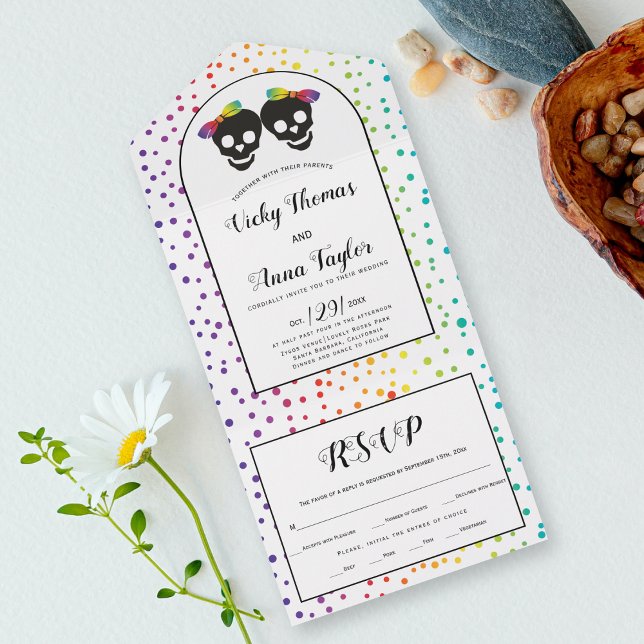 Two brides confetti rainbow colours lesbian weddin all in one invitation (Creator Uploaded)