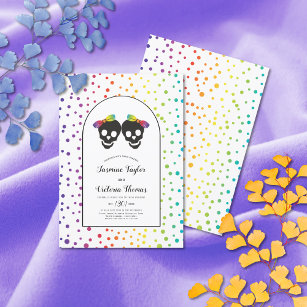 Two brides confetti rainbow colours lesbian weddin invitation