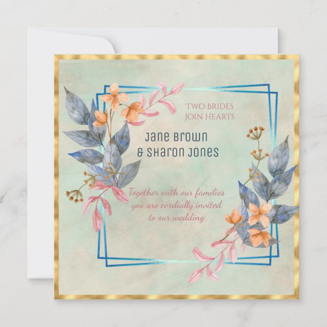 Two Brides Lesbian Watercolor Flowers Wedding  Invitation (Front)