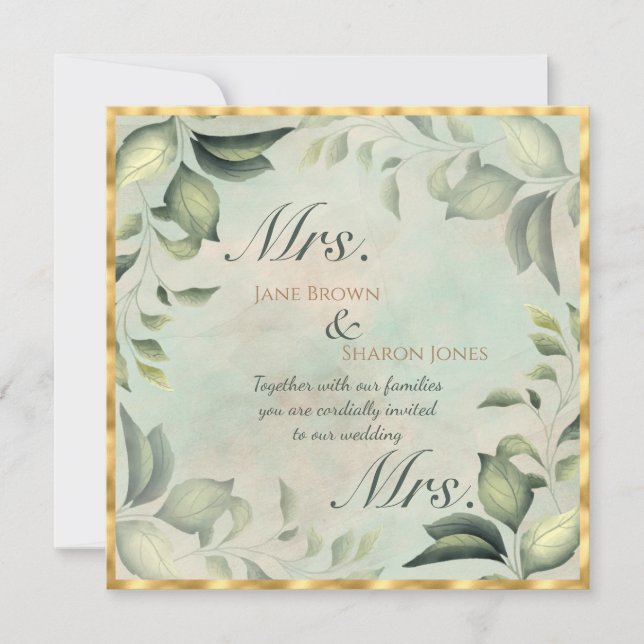 Two Brides Lesbian Watercolor Greenery Wedding Invitation (Front)