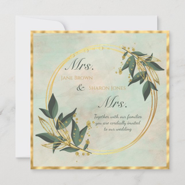 Two Brides Lesbian Watercolor Greenery Wedding Invitation (Front)