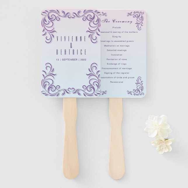 Two brides lilac wedding program hand fan (Front and Back)