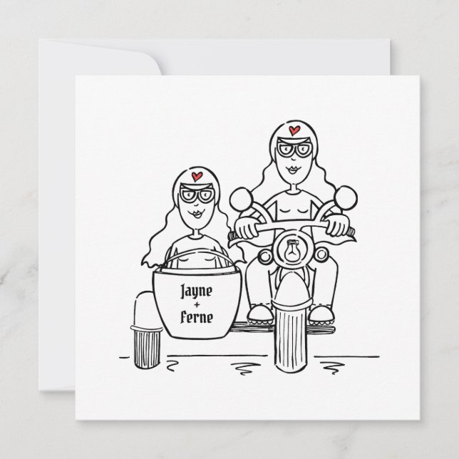 Two Brides Motorbike and Sidecar Evening Invitation (Front)