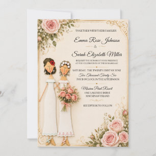 Two Brides Rose Bouquet Floral Wedding Invitation 