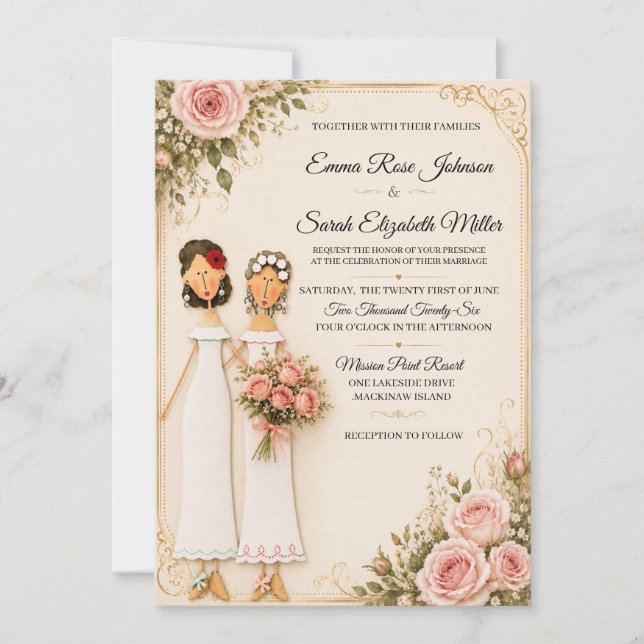 Two Brides Rose Bouquet Floral Wedding Invitation  (Front)