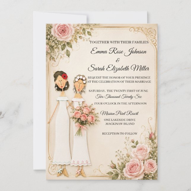 Two Brides Rose Bouquet Floral Wedding Invitation  (Front)