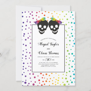 Two brides skull couple, confetti lesbian wedding invitation