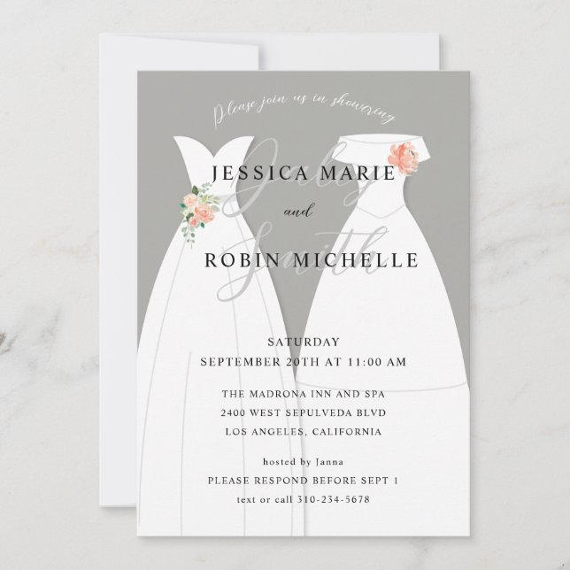 Two Brides Wedding Dress Lesbians Couples Shower Invitation (Front)