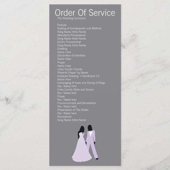 Two Brides Wedding (Lilac and Grey) Service Order Programme (Front)