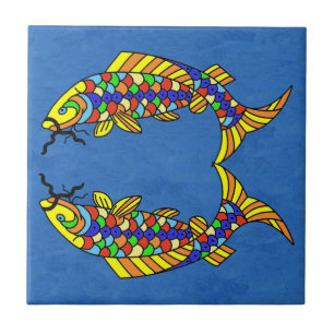Two Bright Abstract Fancy fish on Deep Blue Tile