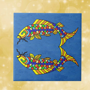 Two Bright Abstract Fancy fish on Deep Blue Tile