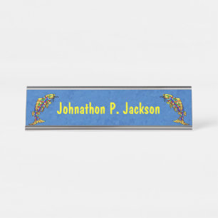 Two Brightly Coloured Abstract Fish Blue Desk Name Plate