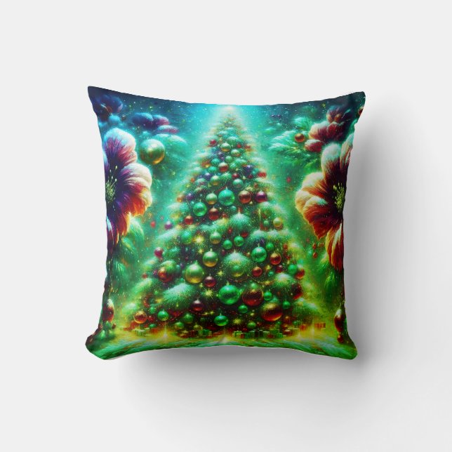 Two Brightly Decorated Christmas Trees on a Modern Cushion (Front)
