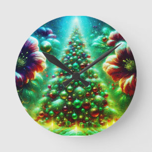 Two Brightly Decorated Christmas Trees on a Modern Round Clock