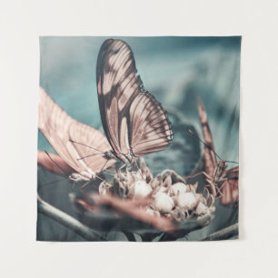 TWO BROWN-AND-BLACK BUTTERFLIES ON TOP OF FLOWER B TAPESTRY