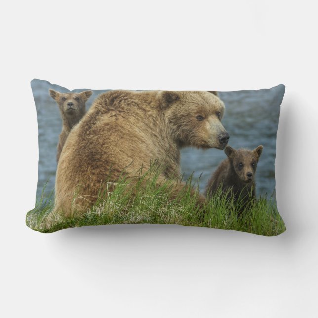 Two Brown Bear Cubs with Mother by the Water Lumbar Cushion (Front)