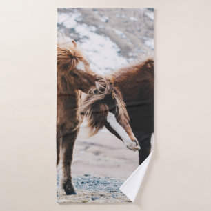 TWO BROWN HORSES ON FIELD BATH TOWEL