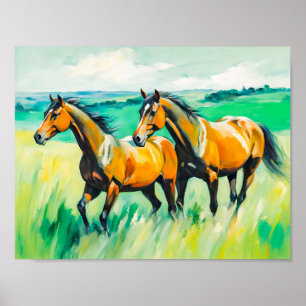 Two Brown Horses Running Across Green Meadow Poster